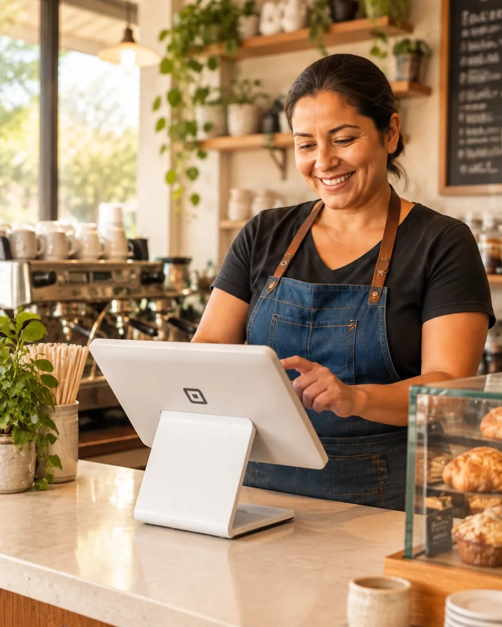Cafe owner taking an order on a Square point-of-sale terminal at her counter