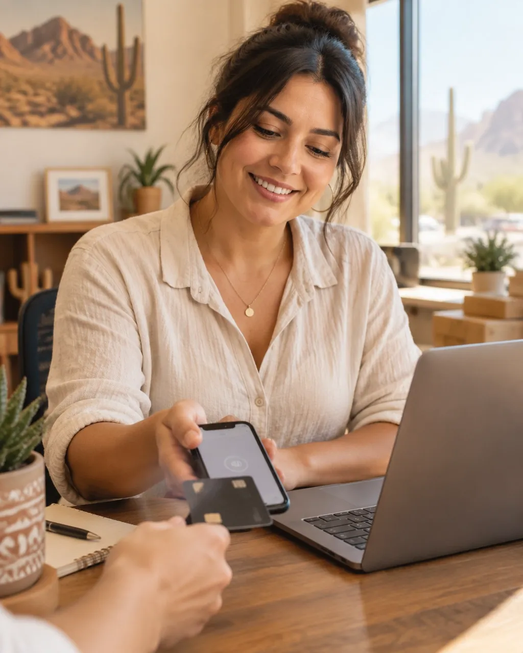 Business owner taking a payment on a phone beside a laptop in an Arizona home office