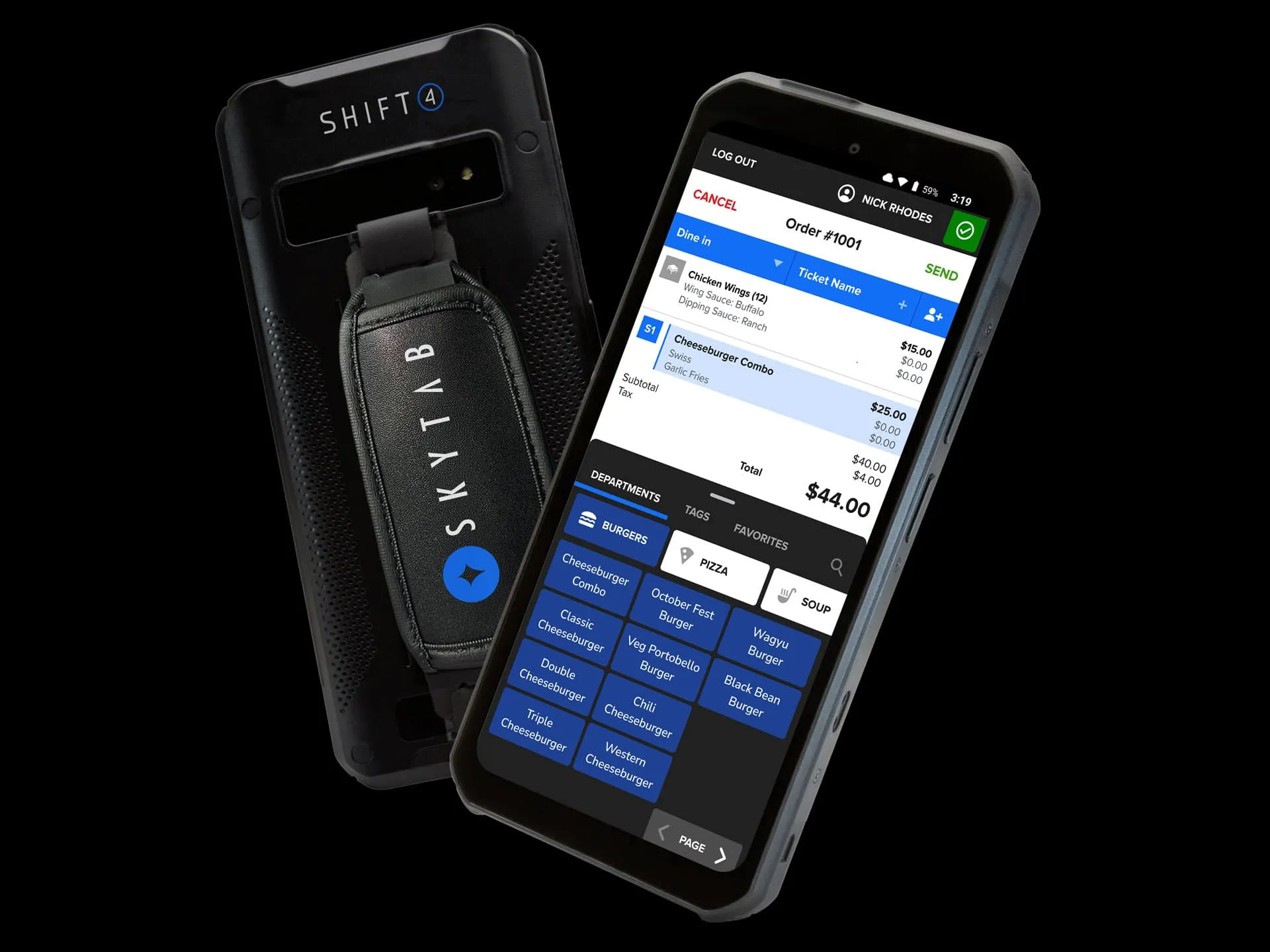 Shift4 Dine Air handheld showing front and back restaurant ordering screens