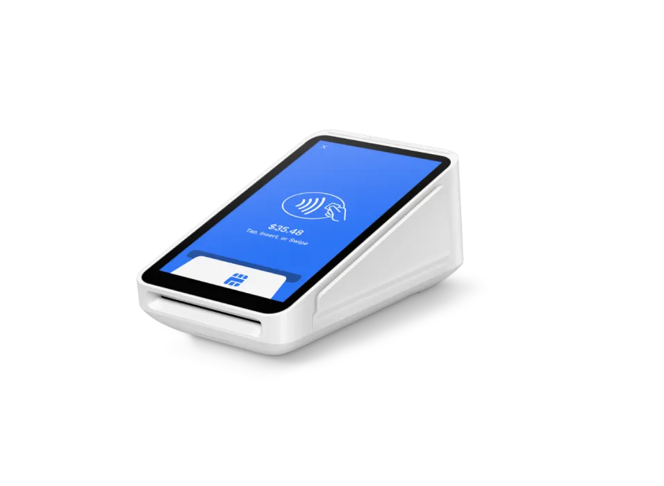Square Terminal payment device with blue contactless payment screen